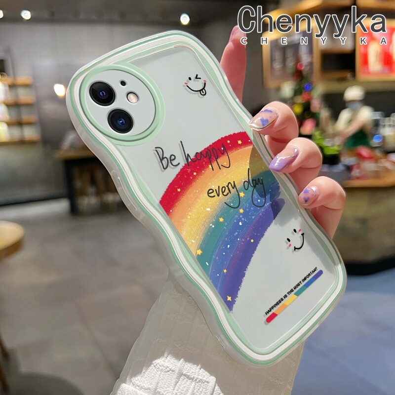 chenyyka Casing For iPhone 14 Pro Max 14 PLUS 13 Pro Max 13 Mini Case Cartoon Rainbow Smile Pattern Wave Border Soft Clear Shockproof Phone Cases Creative Camera Transparent Casing Silica Gel Protective Cover