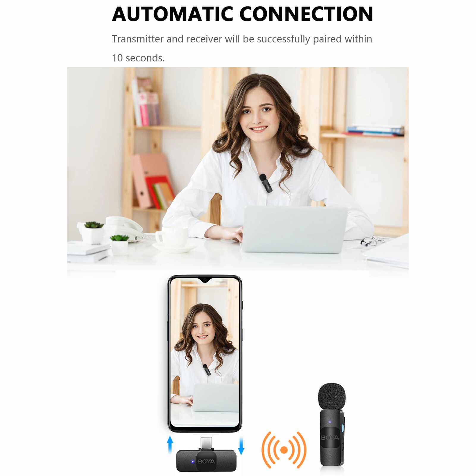 BOYA BY-V10 Hệ Thống Một Kích Hoạt 2.4G Mic-rô Không Dây Kẹp Điện Thoại Micro Đa Hướng Mini Micro Cài Ve Áo Tự Động Ghép Nối Thông Minh Giảm Tiếng Ồn 50M Phạm Vi Truyền Tín Hiệu Thay Thế Cho Huawei Kiểu Samsung-C Điện Thoại Thông Minh Android