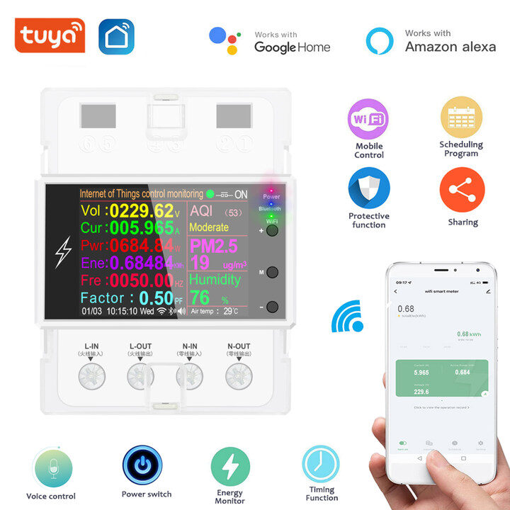 EL style Tuya Wifi/Bluetooth AT4PW 100A Din Rail Smart Switch Remote Control AC 220V 110V Digital Energy Kwh Frequency Factor Meter Electric Meter Household Electricity Bill Power Electricity Power Monitor Nov