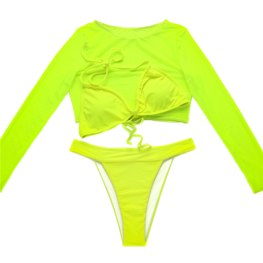 Happybuyner 3 pièces femmes maillots de bain été couleur unie maillot de bain plage maillot de bain femme Push Up rembourré soutien-gorge Bikini ensemble +_voghion.com