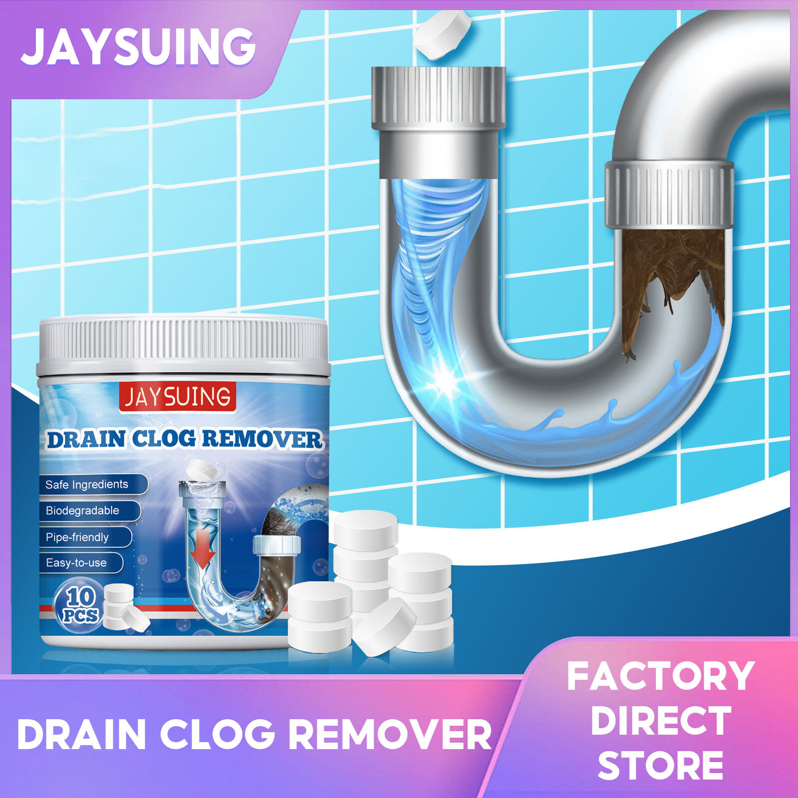 Jaysuing Household Draininpipe Cleaning Effervescent Tablets Deodorant Pipe Dredging Agent Kitchen Water Pipe Sewer Toilet Cleaning Deodorant  Kitchen Toilet Bathtub Sewer Pipe Dredging tool Prevent Blockage Toilet Deodorant (10Pcs)