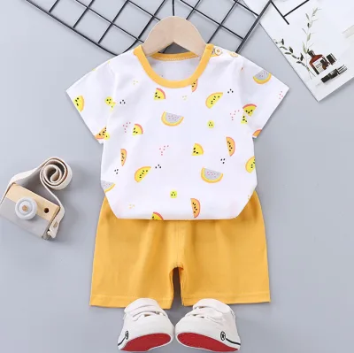 🦄️[M'sia Stock] 🦄️0-5T Cute Baby Shirts Kids Boys Girls Clothing Cartoon Cotton Short Sleeve T shirt+Shorts Suit 2pcs/set