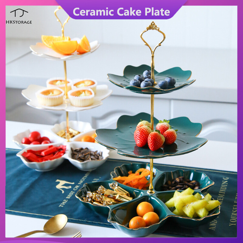 HKStorage Ceramic Fruit Plate Nordic Style Dessert Plate Cherry Blossom Design Dried Fruit Tray（3 layers/2 layers/single layer）