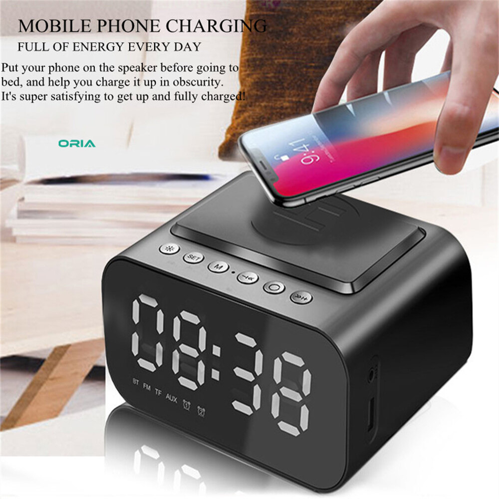 Oria đồng hồ gương kỹ thuật số fm loa Bluetooth đồng hồ âm nhạc sạc có đèn nền, 3 mức độ sáng, 2 chế độ phát lại, micrô, chức năng rảnh tay cho đồ trang trí văn phòng phòng ngủ gia đình