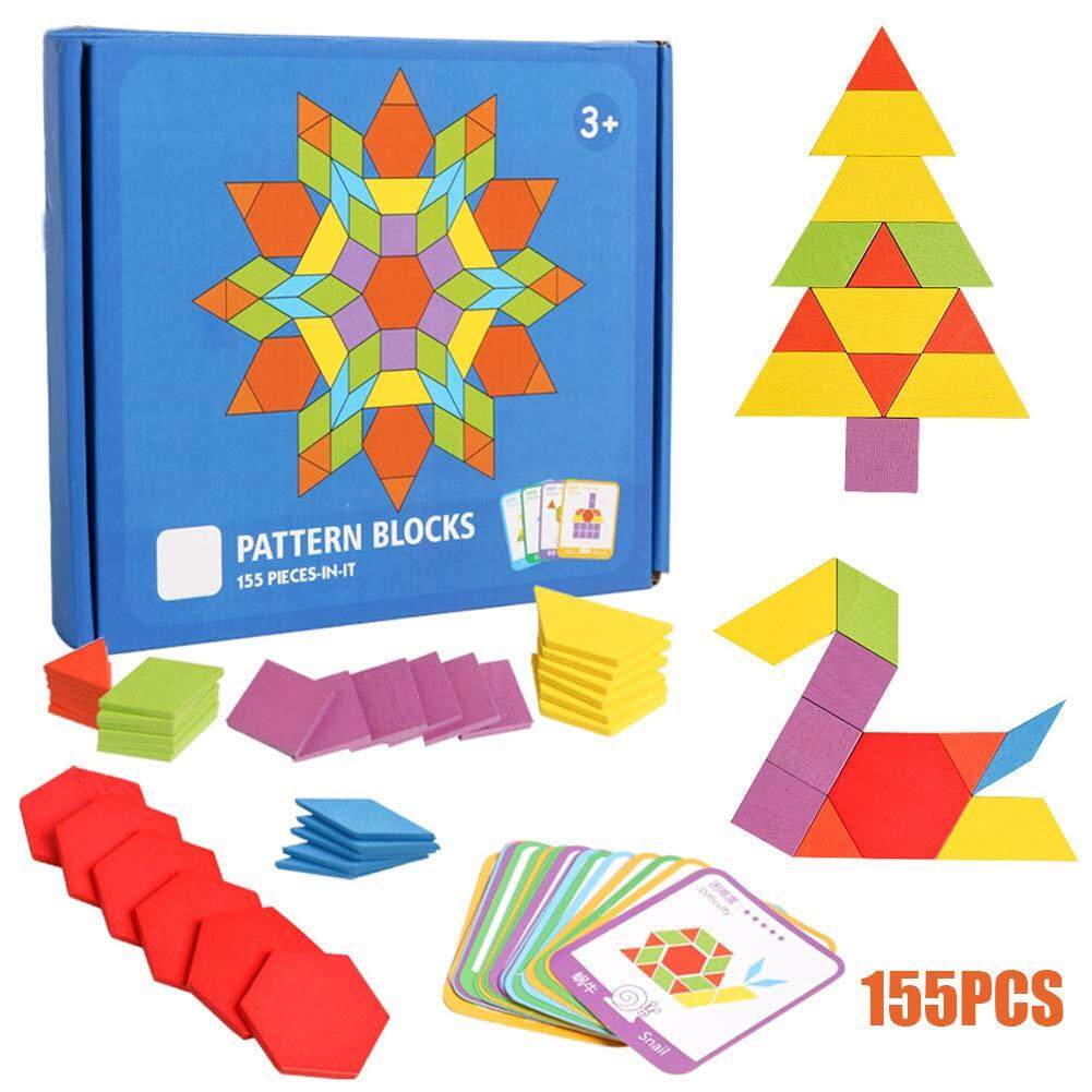 155 Pcs Wooden Pattern Blocks Set Geometric Shape Puzzle Kindergarten ...