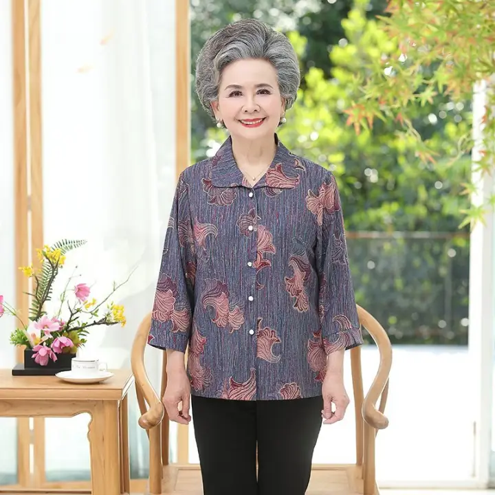Btb Wo Blouse For Old Grandma Lapel Baju Perempuan Lengan Panjang Lazada Singapore