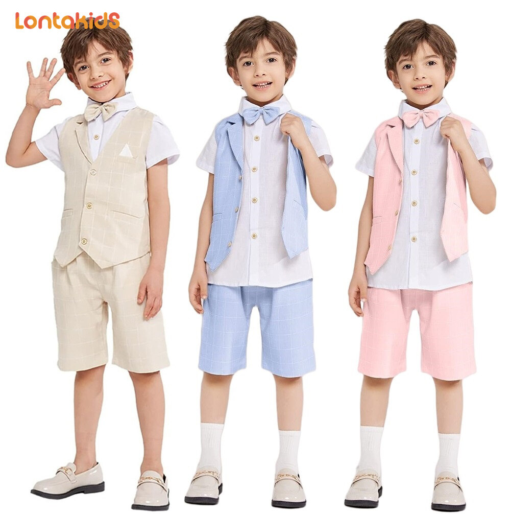 lontakids 4Pcs Baby Boys Gentleman Suit Plaid Vest Shorts Bow Tie Shirt Clothing Set Kids Formal Attire Wedding Party Suits Toddler Infant Clothes Birthday Tuxedo Outfit 1-14 Years