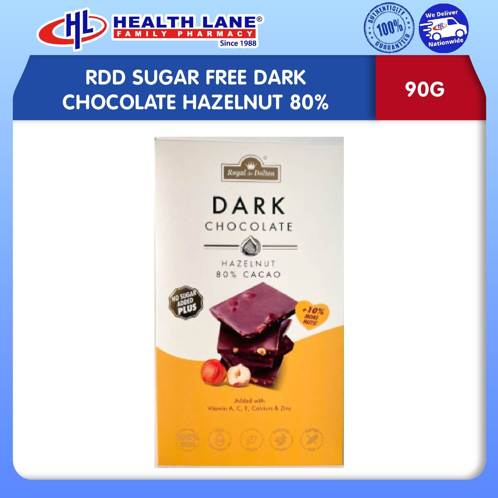 ROYAL DE DOLTON SUGAR FREE DARK CHOCOLATE HAZELNUT 80% (90G) | Lazada