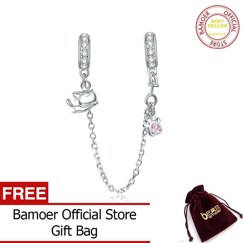 Bamoer silver 925 jewelry kitty cat safety chain charm fit for original 3mm snake bracelet & bangle fine jewelry making bsc243