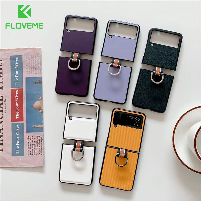 FLOVEME For Samsung Z Flip5 Galaxy Z Flip 4 Flip3 5G with Metal Ring GenuineLeather Cover Material Luxury Shell for Men and Women Galaxy Zflip5 z Flip 4 Flip3 5G Cases