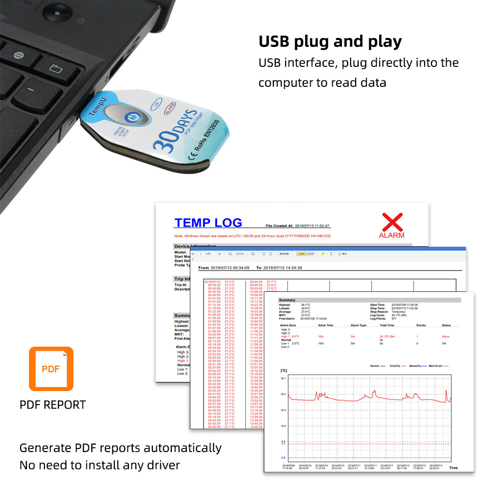 Yieryi 30 ngày/60 ngày/90 ngày dùng một lần USB nhiệt độ máy ghi dữ liệu IP67 không thấm nước xuất khẩu PDF nhiệt độ máy ghi dữ liệu cho thực phẩm và thực vật lưu trữ dây chuyền lạnh Giao thông vận tải đặc sản lưu trữ