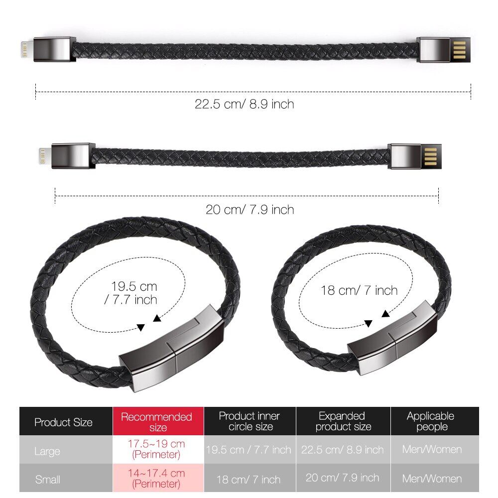 Short USB Data Cable For iPhone 13 14 12 11 Pro Max X Leather Bracelet Charger Cable for Micro USB Type C Portable Fast Charging USB Cord Wire, Data Transfer.