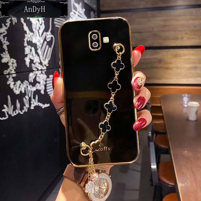 AnDyH Straight Edge Plating Phone case For Samsung Galaxy J6 Plus casing,Precise Camera Protection cases Cute girl style cover with Four leaf clover bracelet