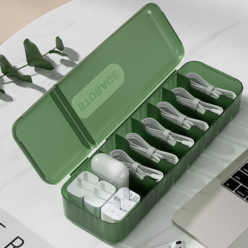 Data Cable Storage Box Cable Charger Organizer with 7 Compartments Container Case Electronic Accessories for Desk Drawer Cord Storage Organizer