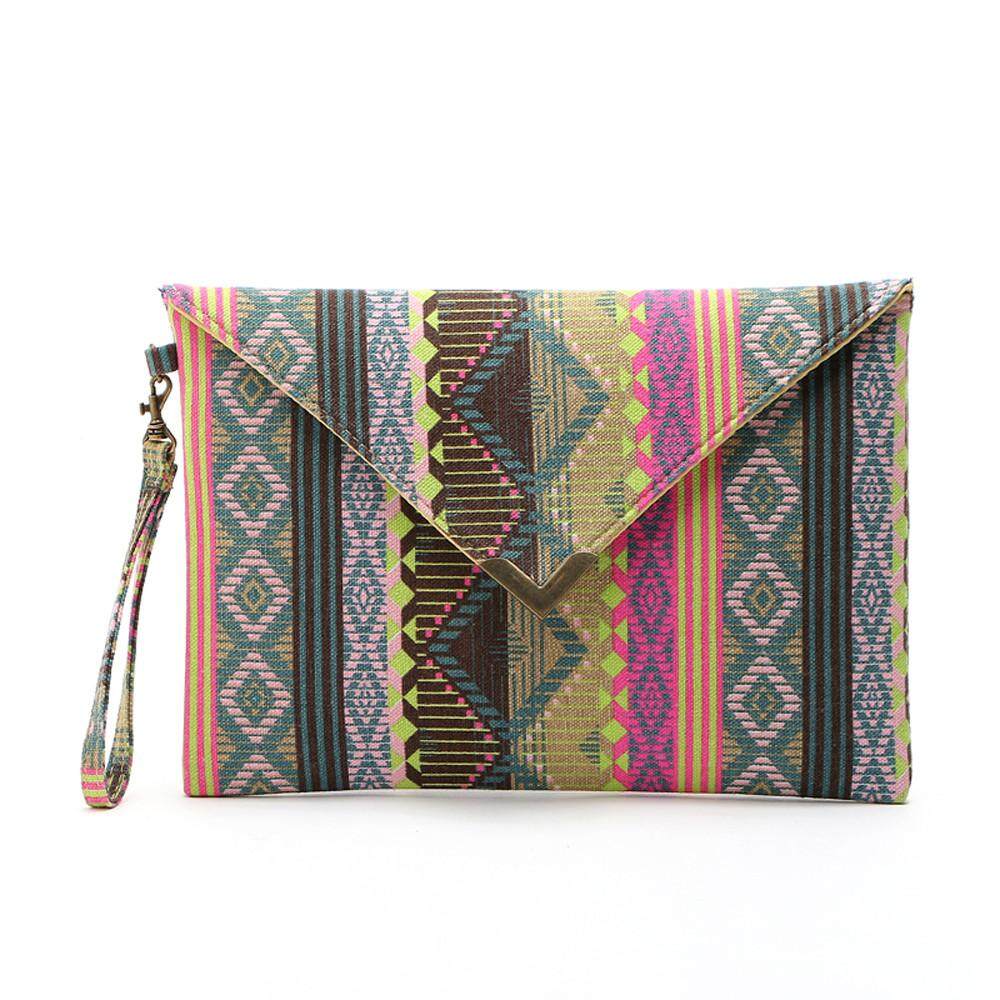 2019 BoHo Cetakan Bergaris Kanvas Dompet Panjang untuk Wanita Wadah Kartu Wanita Suku Perempuan Dompet Tas dengan Curb Chain Zipper # F