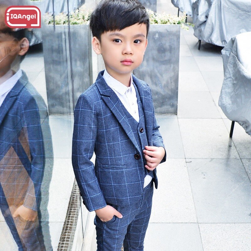 IQANGEL Boys children's suit Boys' Plaid Suit 3 Piece kids party suit