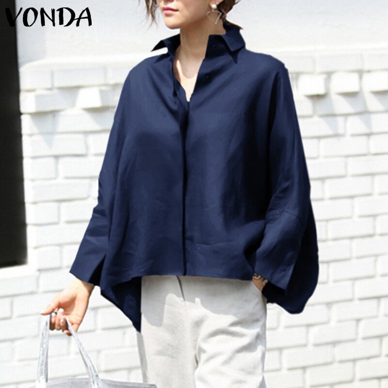 VONDA Womens Long Sleeve Casual Plain Blouse Office OL Shirt Plus Size Basic Tops Tee Plus Size (Korean Causal)