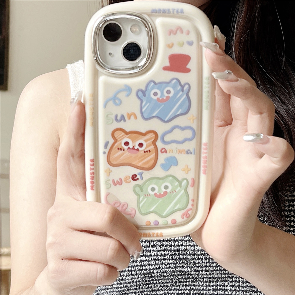 High Quality Electroplating Case for IPhone 11 12 13 14 Pro Max Casing Cute Cartoon Colorful Graffiti Monster Back Cover Couple Shockproof Phone Case