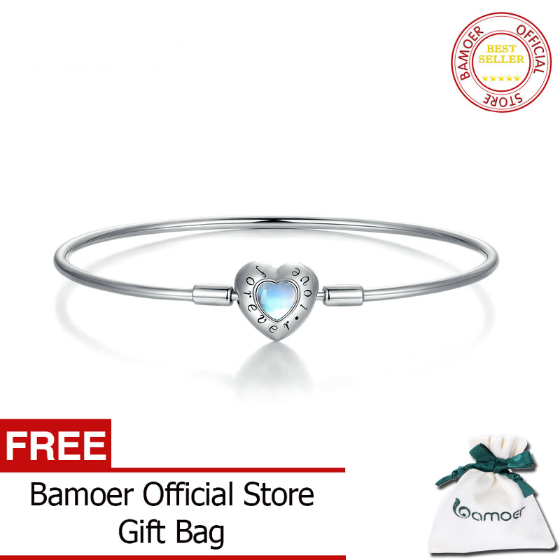 BAMOER 100% 925 Sterling Silver Forever Love Bright Heart Bracelet for Women Heart-shaped Moonstone Bangle Fashion Jewelry BSB093