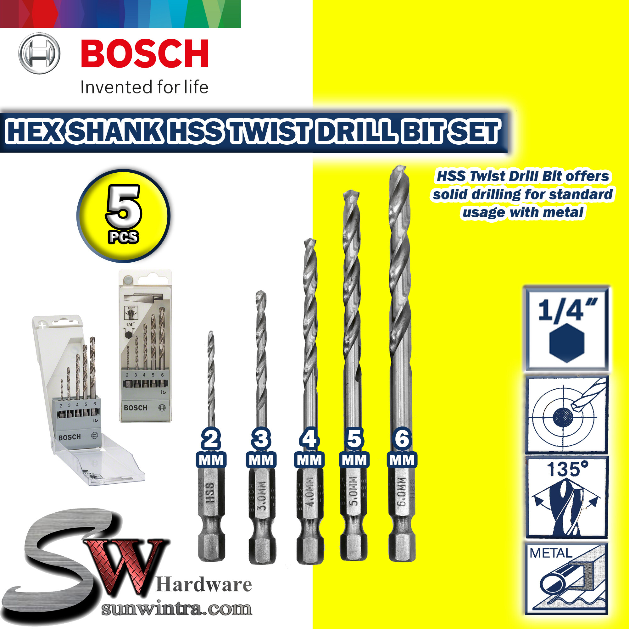 BOSCH 5pcs HSS Metal drill bit sets Hss G with 1 4 Hex Shank