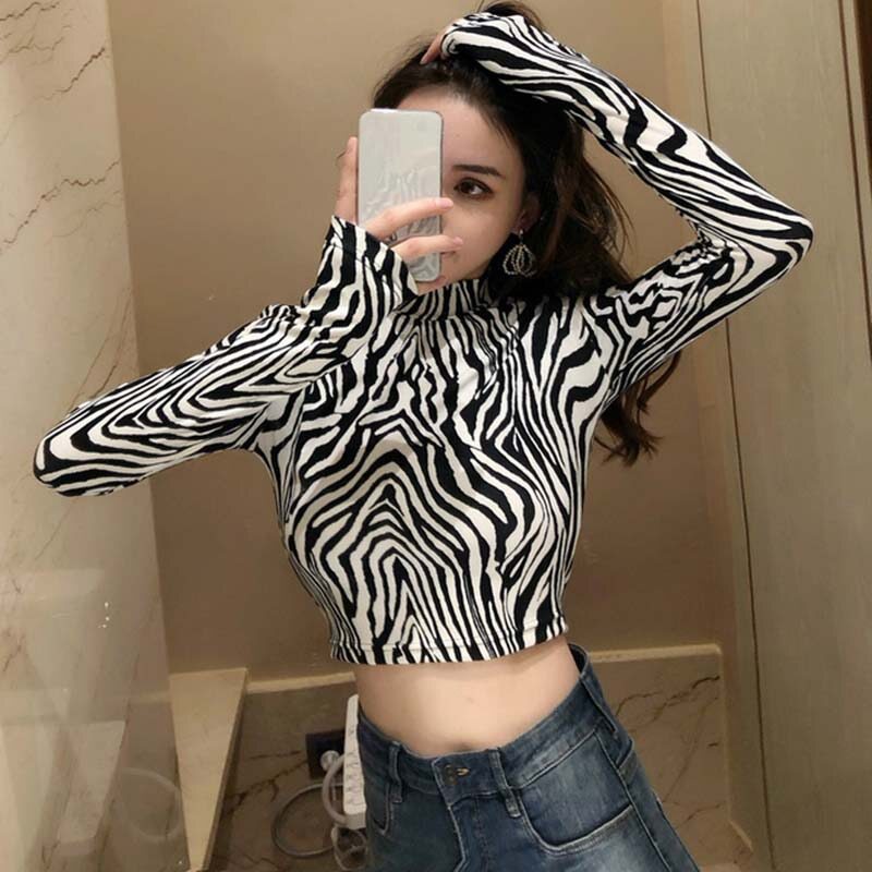 Leopard/Zebra Print Turtleneck Slim 