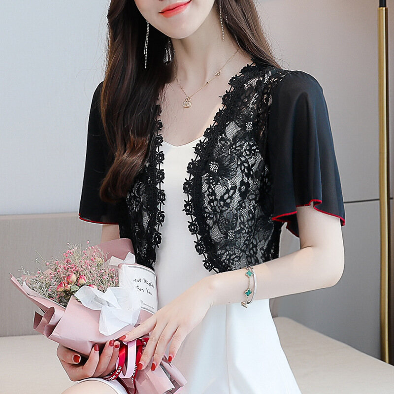 Women Elegant Lace Coat Flare Sleeve Capes Ladies Jacket Chiffon Shawl Sun Protection Clothing Mesh Tops