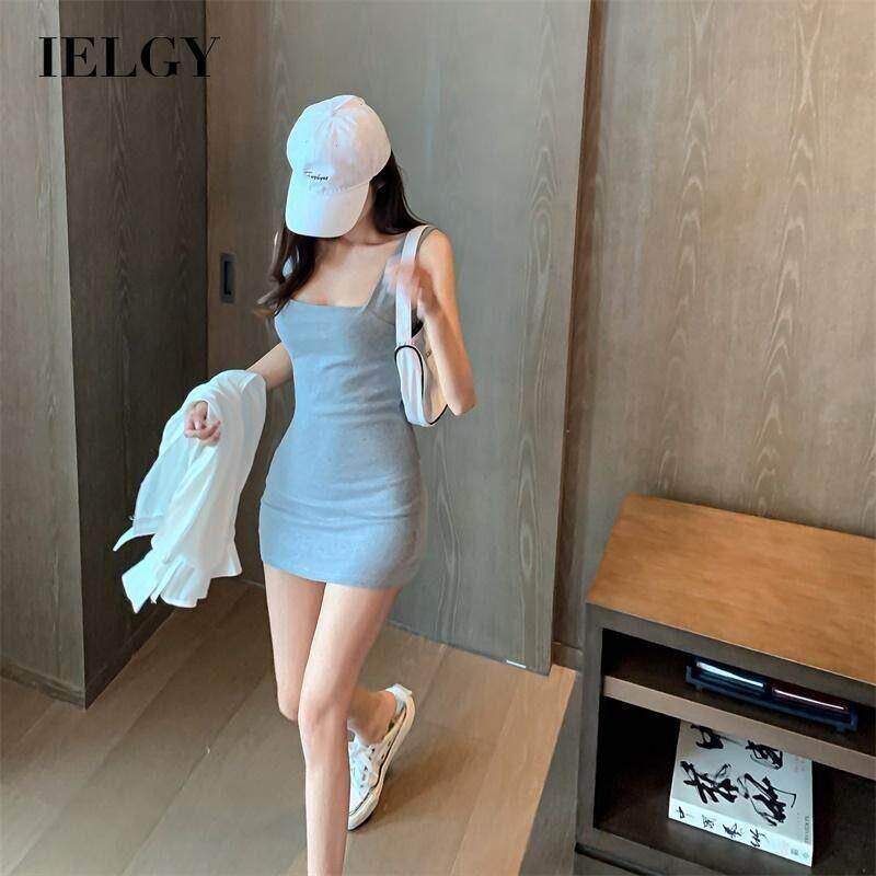 IELGY Đầm Cổ Vuông Dáng Ôm Hàn Quốc Chân Váy Dáng Chữ A Mỏng, Váy Hông Màu Trơn Váy Ngắn Cơ Sở Váy Yếm Trong Váy