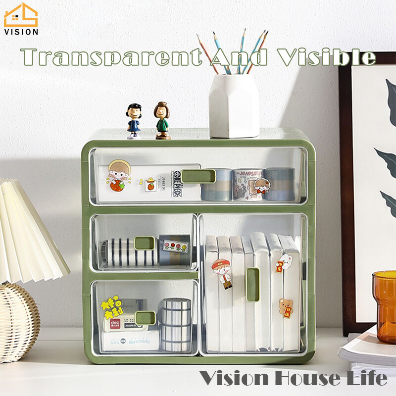 Vision Large Capacity Desktop Storage Box Transparent Office Stationery Sorting Box Cosmetics Makeup Organiser Multi-layer Sundries Storage Cabinet Drawer Type Storage Shelf