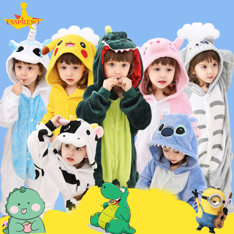 Esspreso children's one-piece pajamas Boys and Girls Flannel Thermal Pajamas kids dinosaur one piece pajamas