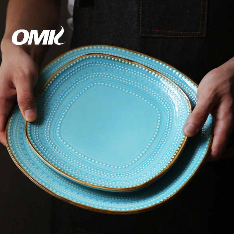 OMK European Royal Style Stoneware Steak Plate Ceramic Square Dinner Plate