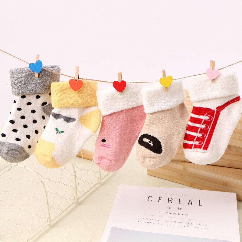 5Pair/Lot Baby Thick Fleece Socks Warm Autumn Winter Kids Girl Boy Short Socks Thick Soft Cartoon Dot Printed Children Toddler Socks