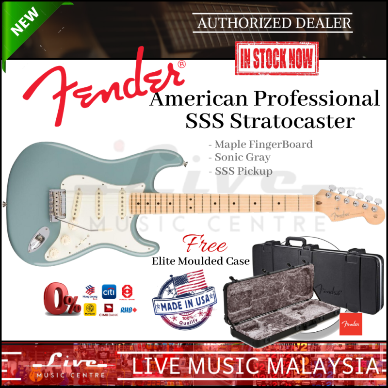 Fender American Professional SSS Stratocaster Electric Guitar, Maple Fretboard with FREE Elite Moulded Case, Sonic Gray Malaysia