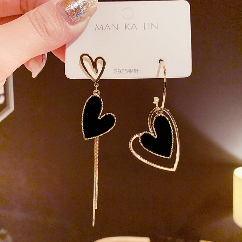 Frascati New Asymmetric Hollow Black Heart Long Tassel Earrings Korean Earrings Female Jewelry Gift
