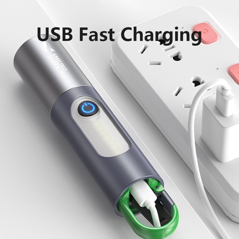 [AA TOOT]❇ Smiling Shark Mini Flashlight M77 COB Led Torch Light Super Bright Pocket Portable USB Rechargeable Zoomable With Hook Home Emergency Outdoor Camping Hiking Torchlight Lighting