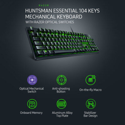 Razer Huntsman Essential คีย์บอร์ดแบบกลไก104คีย์แบ็คไลท์ RGB คีย์บอร์ดเล่นเกม Razer สวิตช์ไฟสีดำ