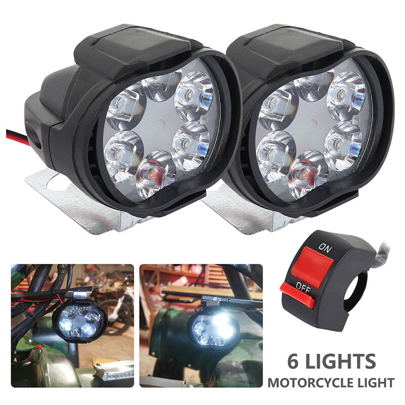 2Pcs 6 LED Motorcycle Light Headlight Assembly 10W 1000LM+Switch Universal Scooter Fog Spotlight 6000K White Scooters Spotlight