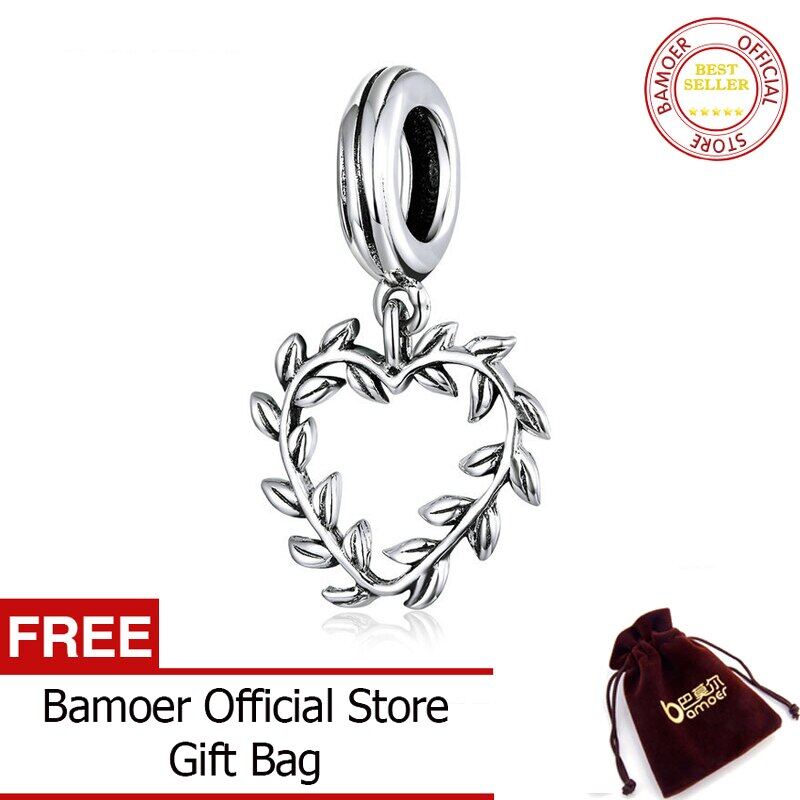 BAMOER Vintage Leaf Vine Heart Pendant Charm for Bracelet Necklace 925 Sterling Silver Jewelry Accessory DIY SCC1520