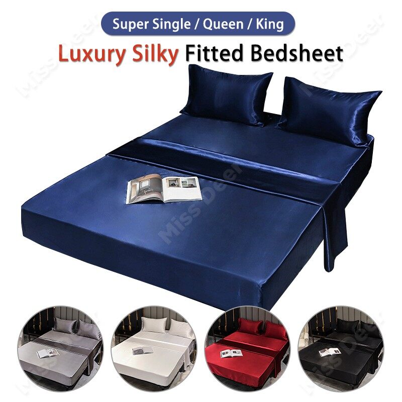 【Super Soft】7 Colors Satin Soft Silk Solid Cadar Fitted Sheet with Rubber Height 36cm 100% Quality Single /Full / Queen / King Size