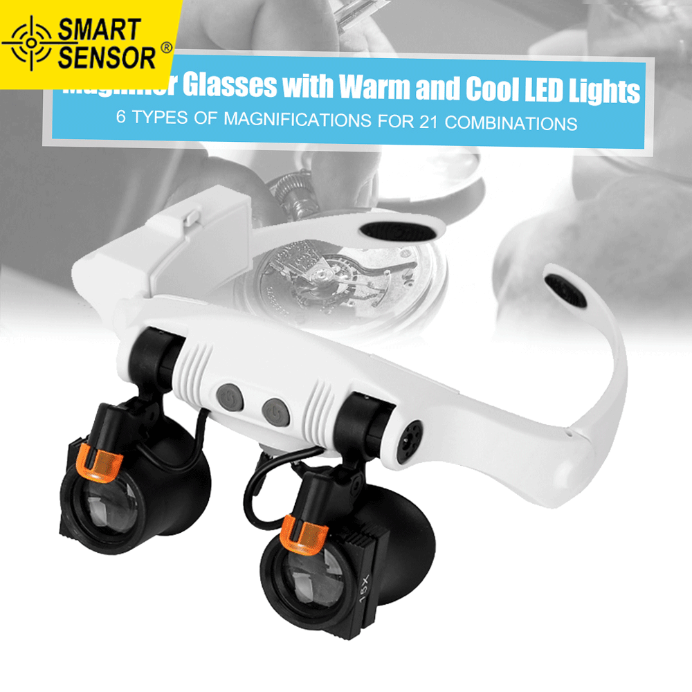Headband Magnifier Eye Loupes Eyeglass Style Hands-Free Magnifying Glass Multiple Magnifications with Warm and Cool LED Lights