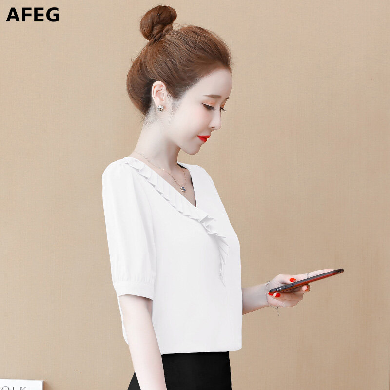 AFEG new Korean women's short-sleeved V-neck chiffon casual fashion wild temperament elegant blouse