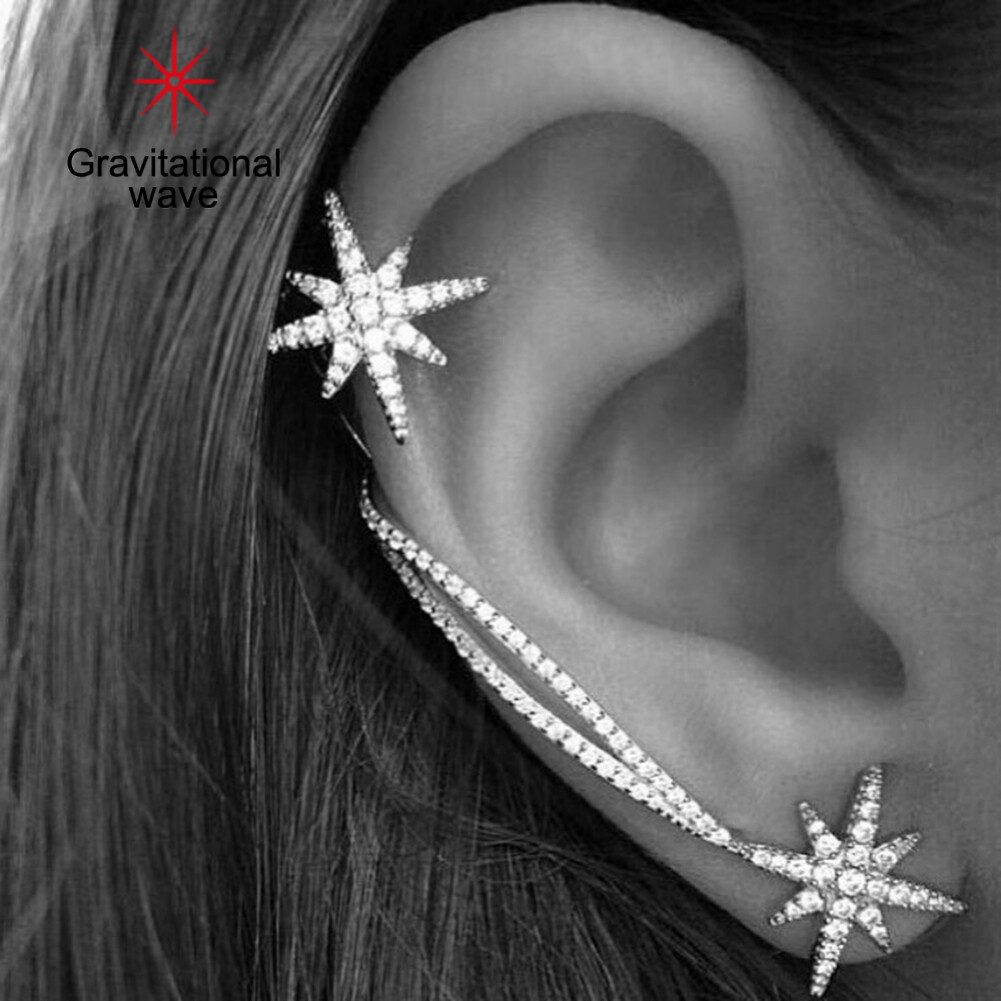 Gravitational wave Women Asymmetric Shiny Rhinestone Inlaid Snowflake Ear Cuff Clip Stud Earrings