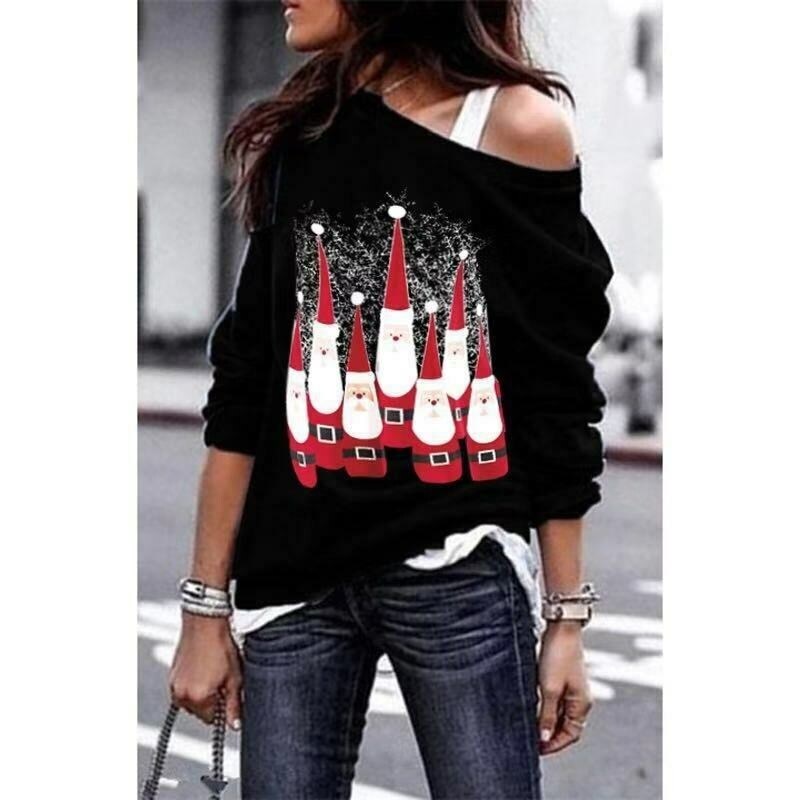 XMAS Women Ladies Off Shoulder Shirt 