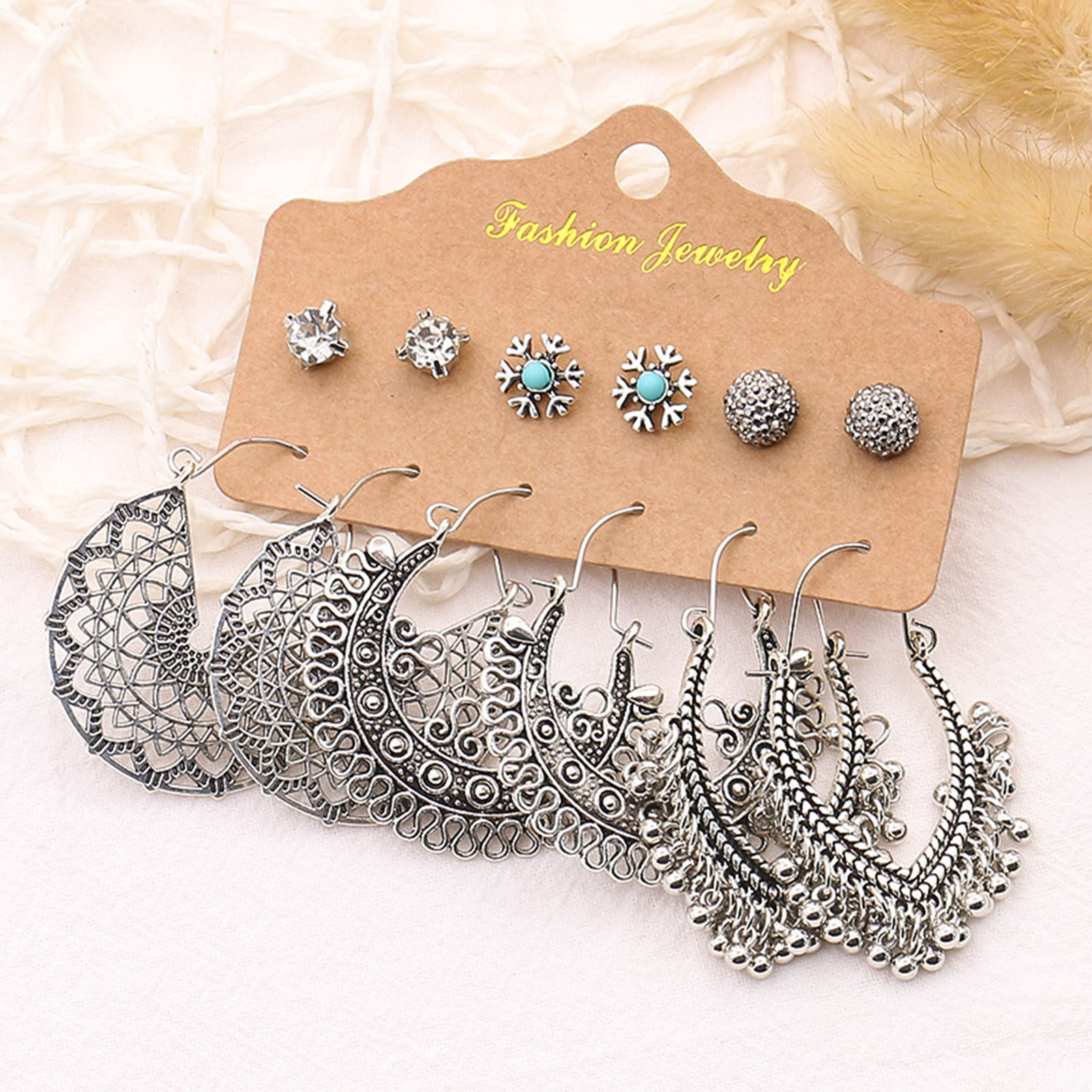 Gravitational wave 6 Pairs Leaf Drop Ethnic Style Alloy Geometry Tassel Hollow Stud Earrings Dangle Earrings for Dates