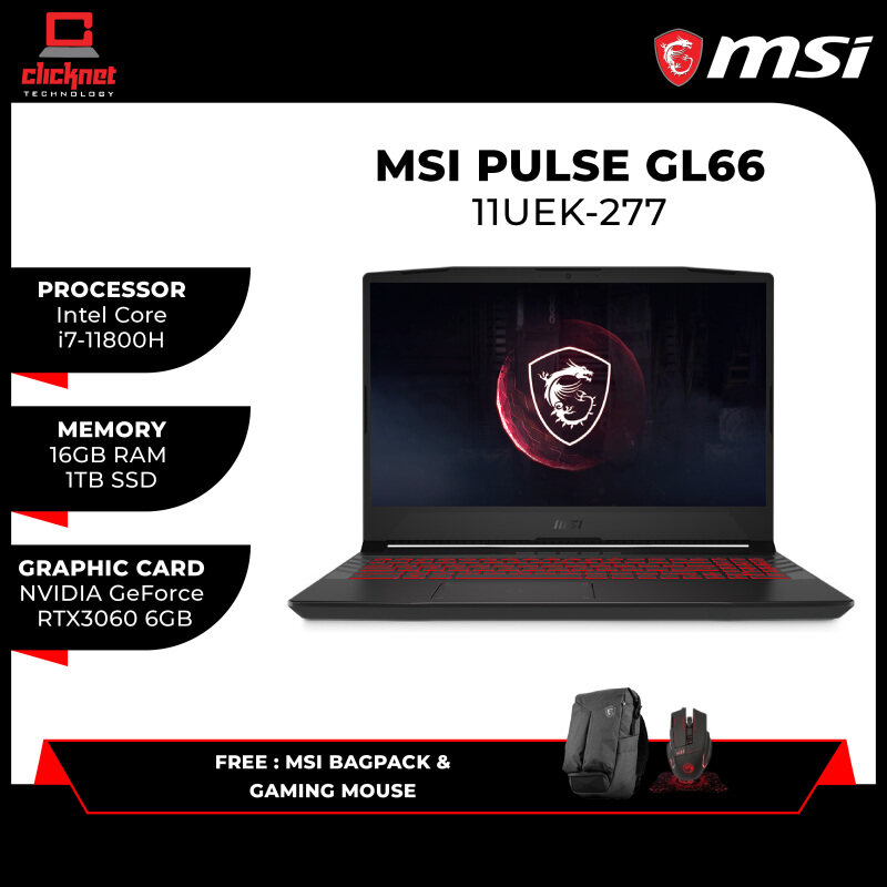 MSI PULSE GL66 11UEK-277 GAMING LAPTOP - TITANIUM GRAY (i7-11800H/16GB/1TB SSD/15.6 QHD/6GB RTX3060 GDDR6/W10/2YRS) +BAG Malaysia
