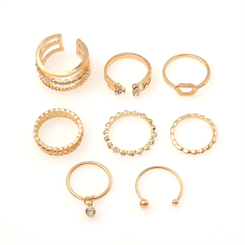 New Diamond Inlaid Open Ring 8-piece Set Set Ring Ring Ring Index Finger Joint Tail Ring