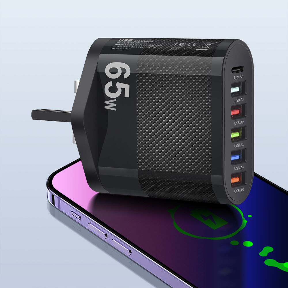 65W 6 Ports USB Fast Charging PD Type C Phone Power Adapter for iPhone Xiaomi Samsung Oneplus Quick Charger Wall Charger