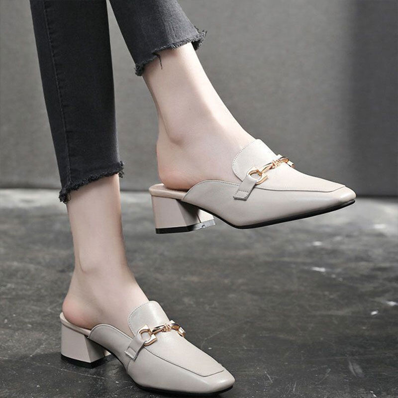 LAL Leather toe slippers women's heels The new fashion wears semi-dragged block heels work shoes