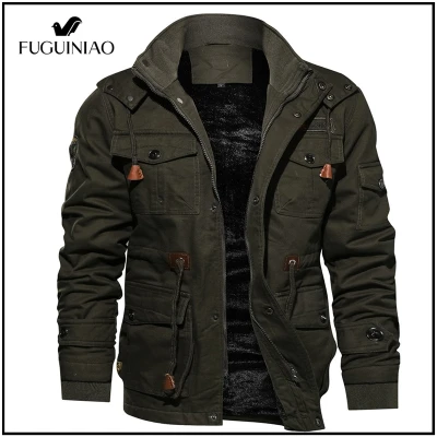 FUGUINIAO Men Autumn Winter Fleece Lined Coat Tops Thickening Embroidered Cotton Hooded Jacket（Free Shopping）