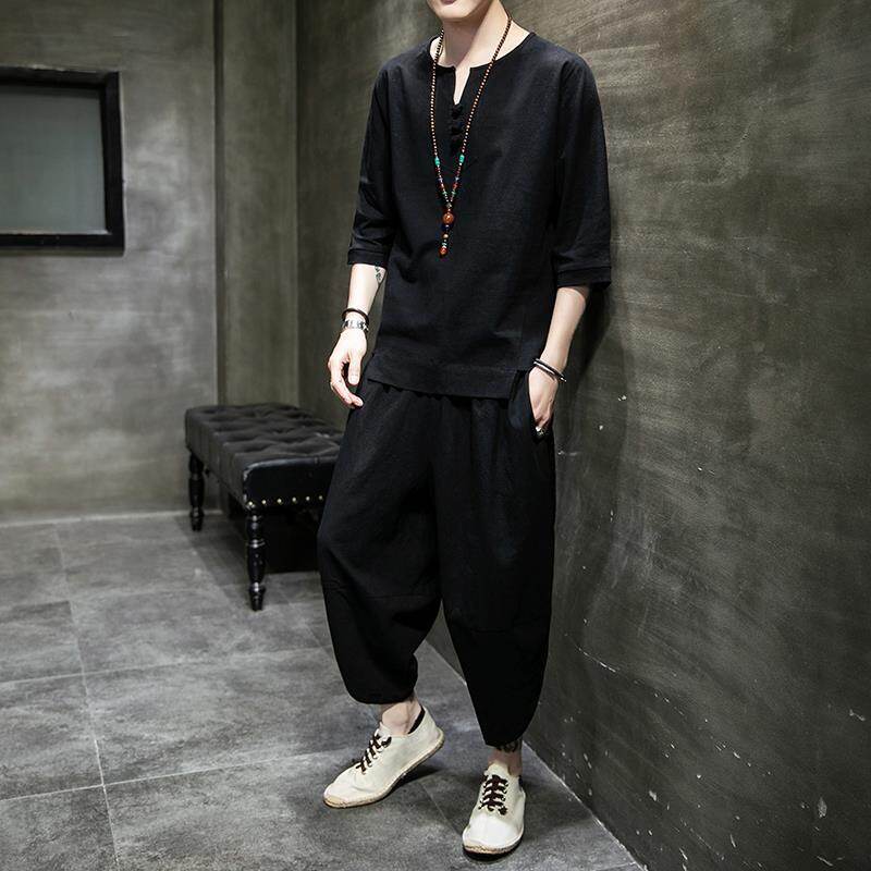 SONIX men's short sleeve two-piece Chinese linen loose large size set summer cotton linen antique pants set