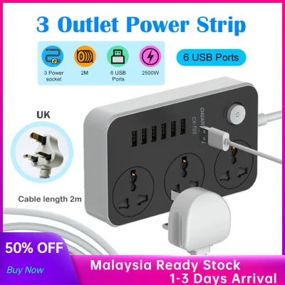 Universal Power Socket UK Plug Multi -function Power Strip Smart Charge Hub with 3 Outlet Power Strip/ 6 Usb Ports Universal Socket Plug Power Adapter Home Charger with 2M Cord